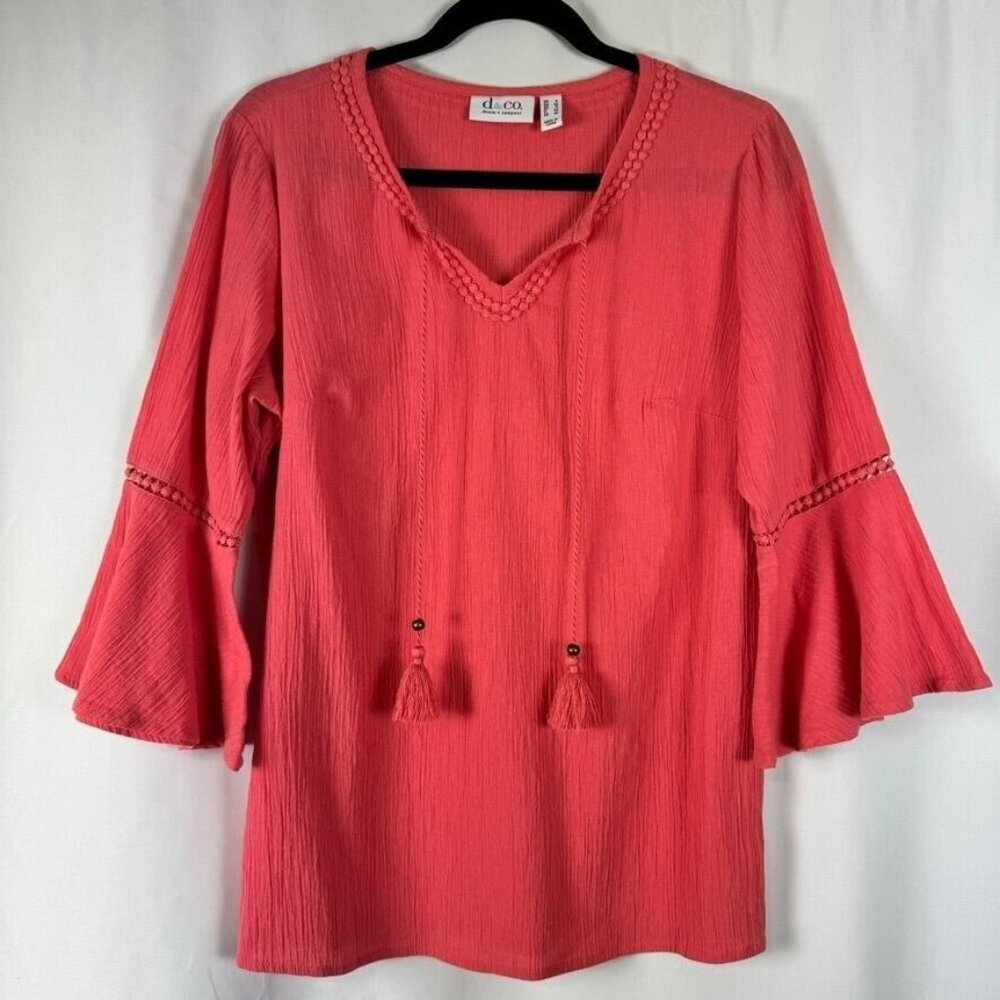D & Co Bright Coral Crinkled Peasant Blouse Tie Neck Tassels Popcorn Trim Boho S